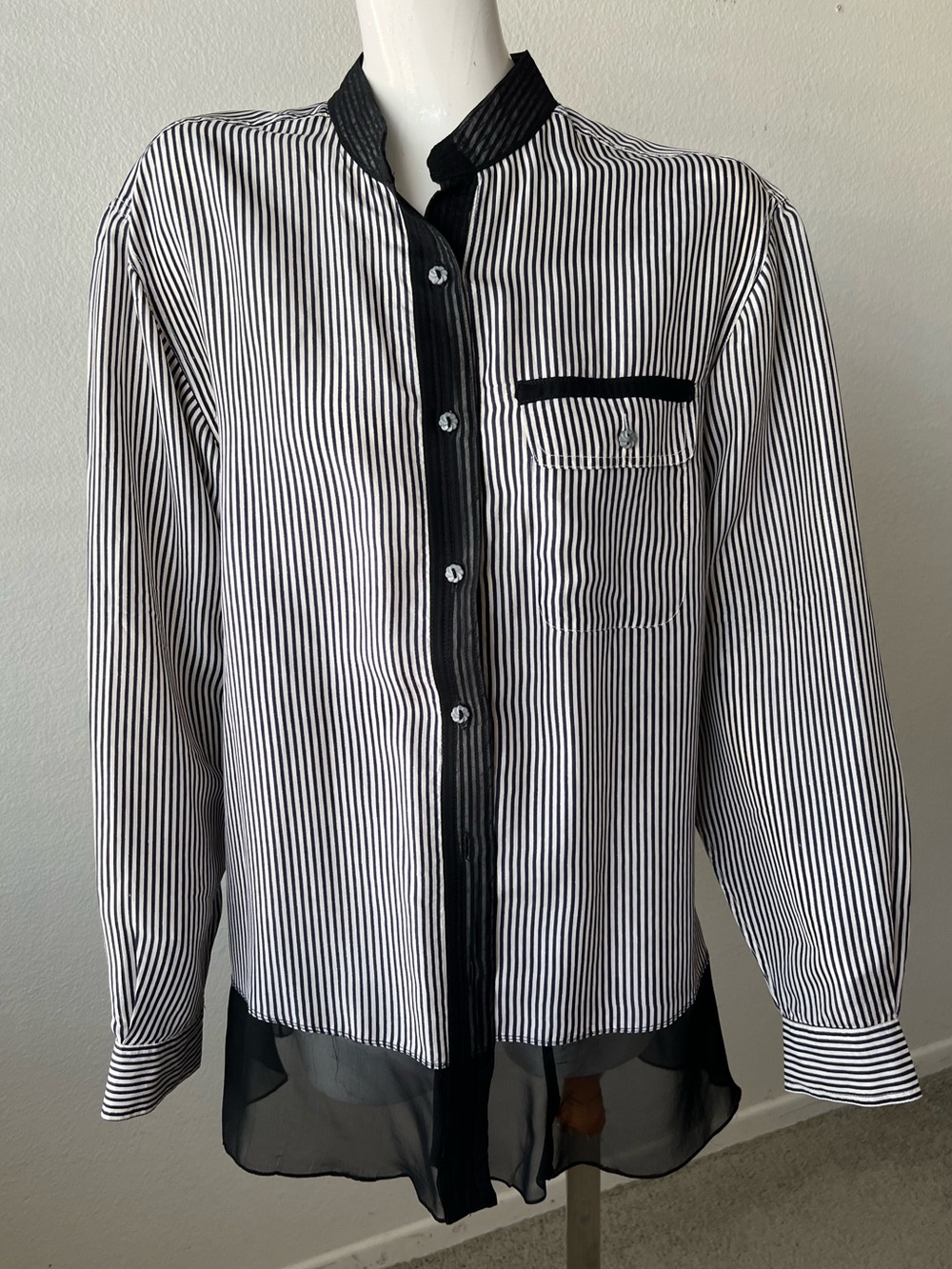 Diane Gilman VINTAGE SILK Black and White stripped Button Down Shirt